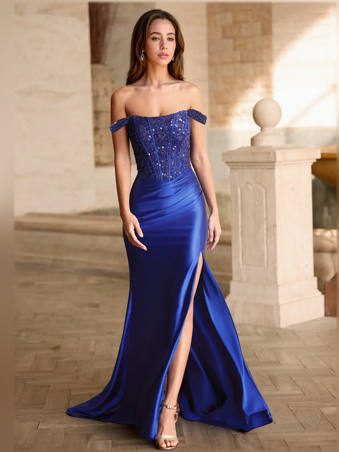 Off-shoulder mermaid formal dress in royal blue with sparkling bodice and front slit