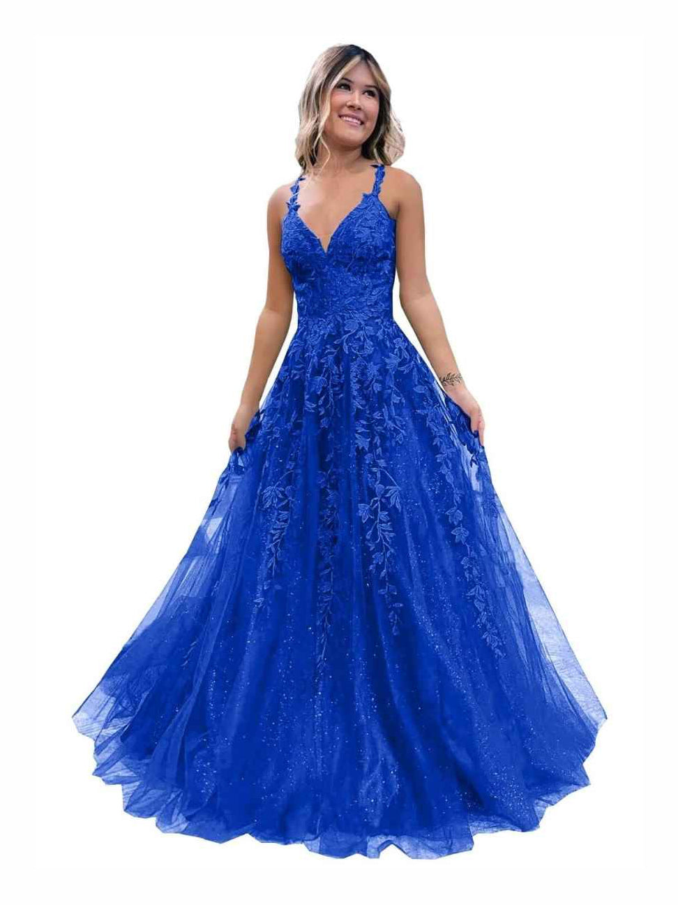 Royal blue glitter floral corset tulle prom dress with V-neck, A-line skirt
