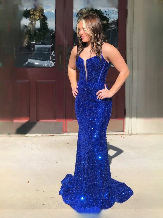 Blue sequin backless mermaid maxi prom dress with sweetheart neckline and spaghetti straps
