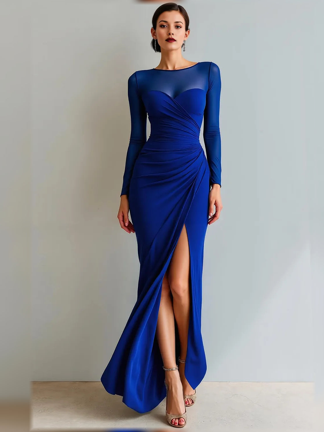 Royal blue sweetheart long-sleeve formal dress with ruched bodice and slit wrap hem