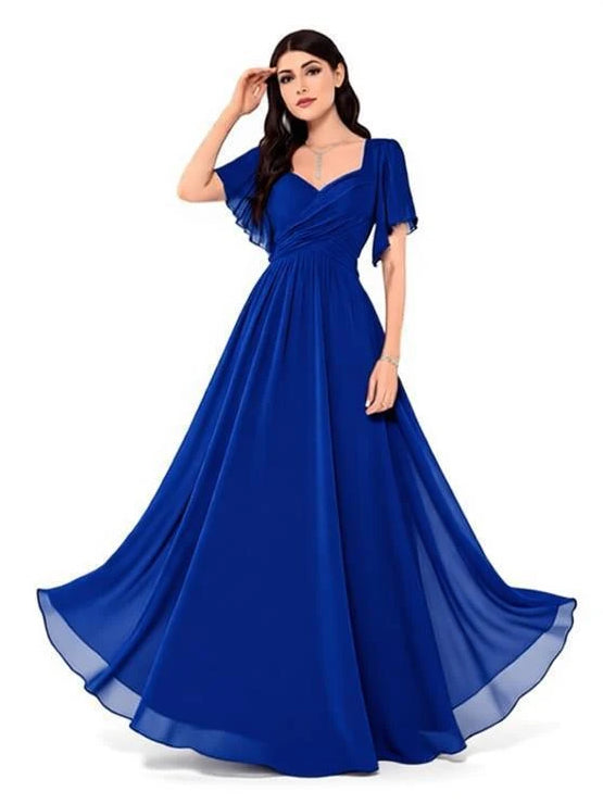 Royal blue sweetheart A-line chiffon bridesmaid dress with flutter sleeves
