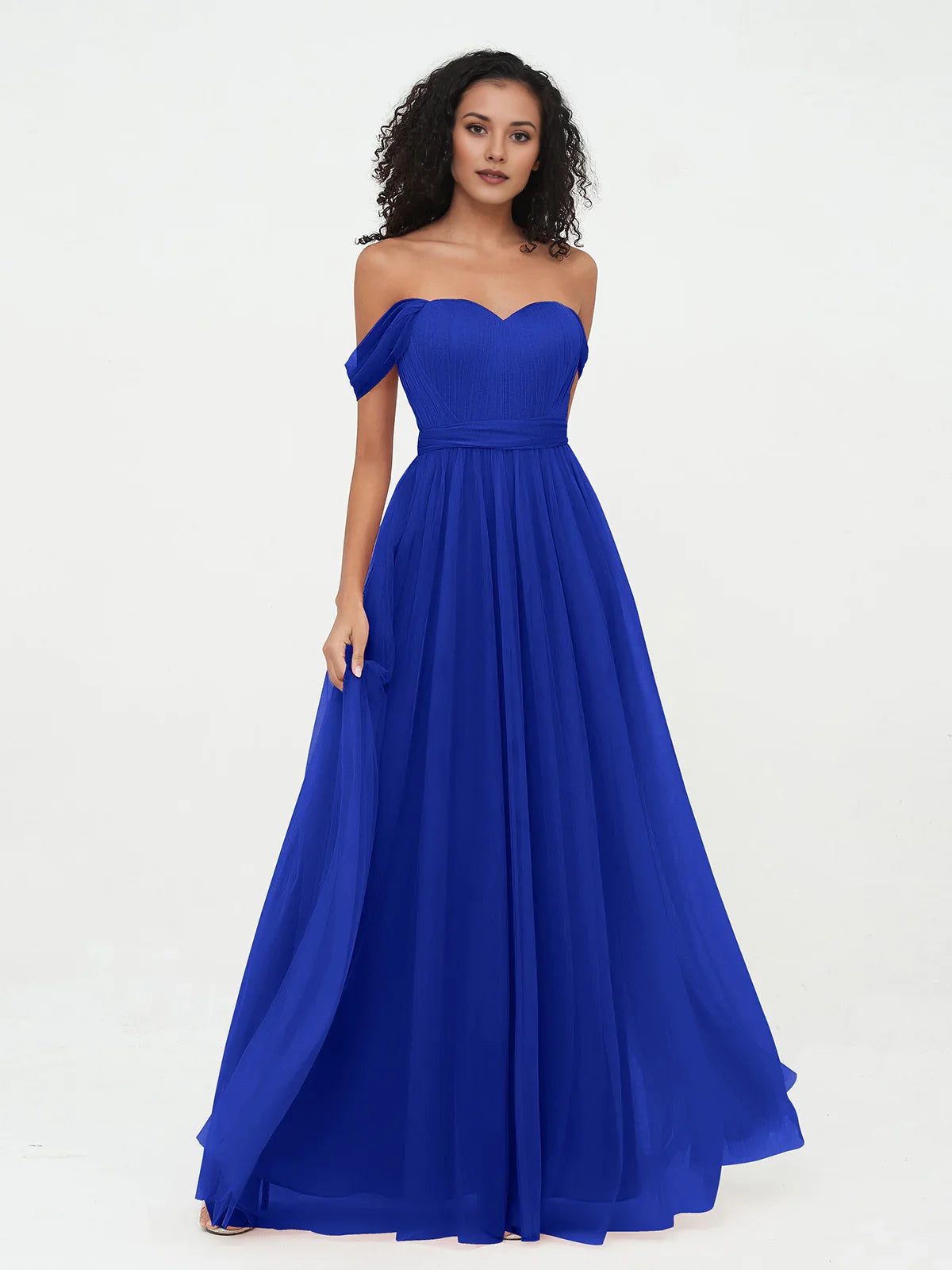 Royal blue tulle A-line dress with sweetheart neckline and draped off-shoulder sleeves