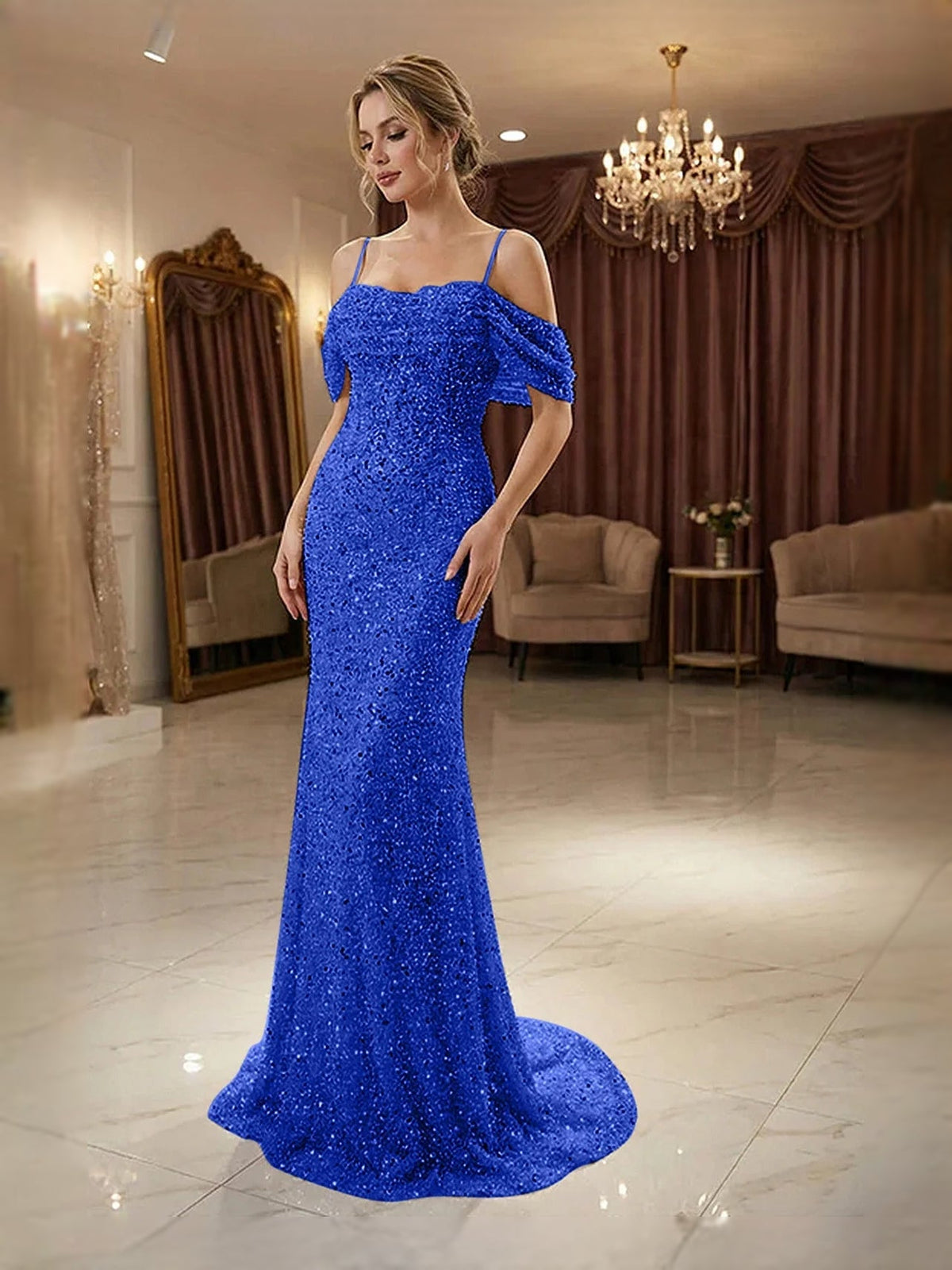 Royal blue beaded off-shoulder mermaid prom dress with ruffled neckline, floor-length.