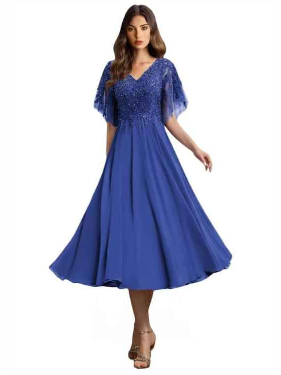 Royal blue V-neck beaded A-line tea-length formal dress with tulle flutter sleeves