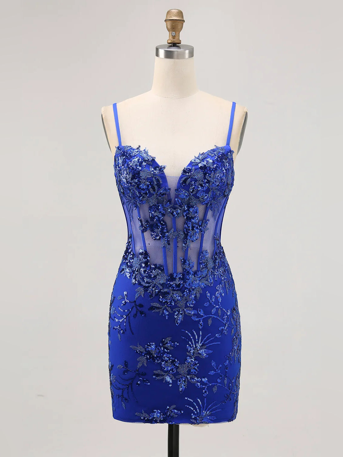 Royal blue sequin corset sweetheart bodycon mini dress with floral pattern
