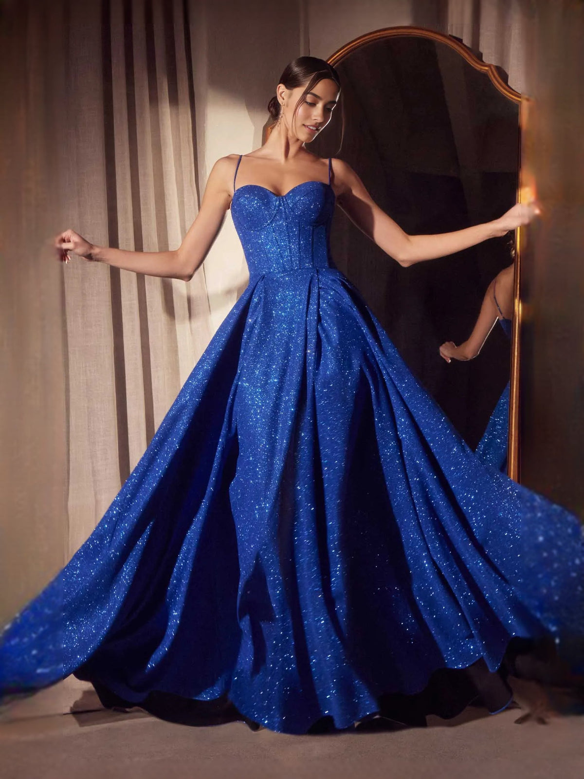 Deep blue sparkly sweetheart corset prom dress with A-line floor-length skirt