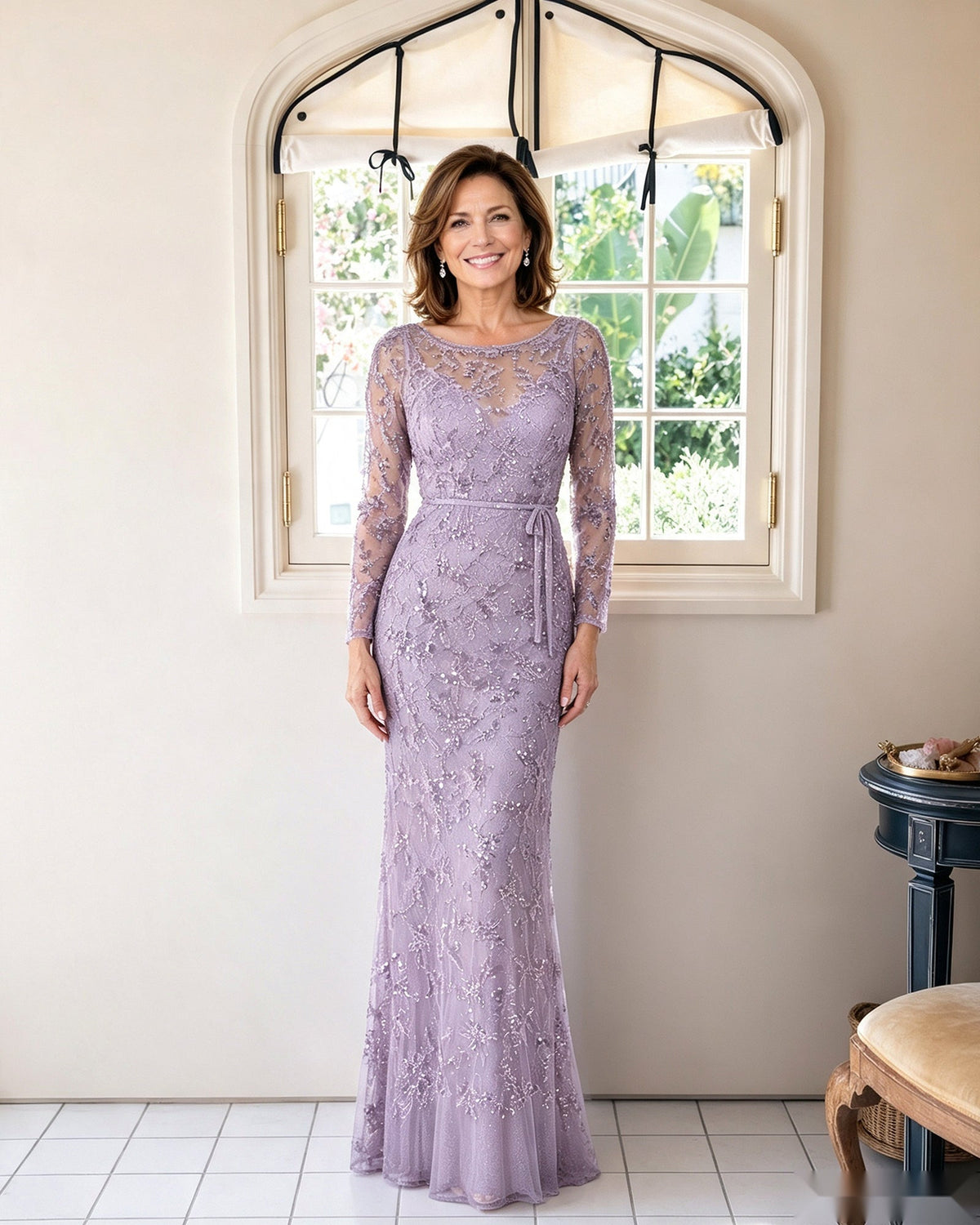 Illusion lace long-sleeve sheath dress in lavender, allover lace overlay with fitted long hem.