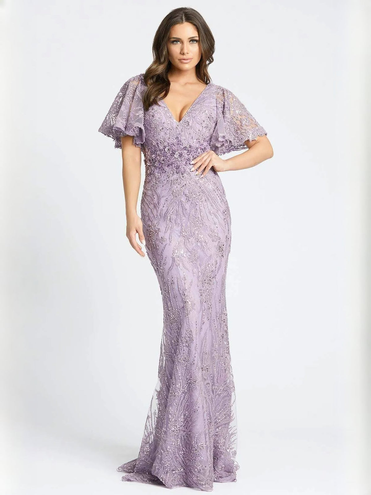 Lilac V-neck mermaid formal dress with beaded lace bodice and sheer flutter sleeves