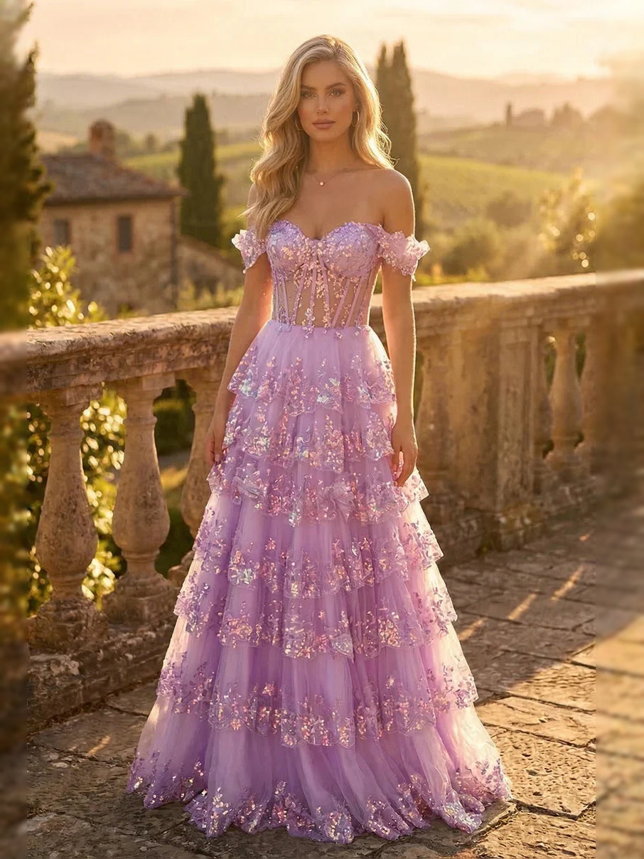 Lilac tiered off-shoulder A-line maxi tulle prom dress with corset bodice