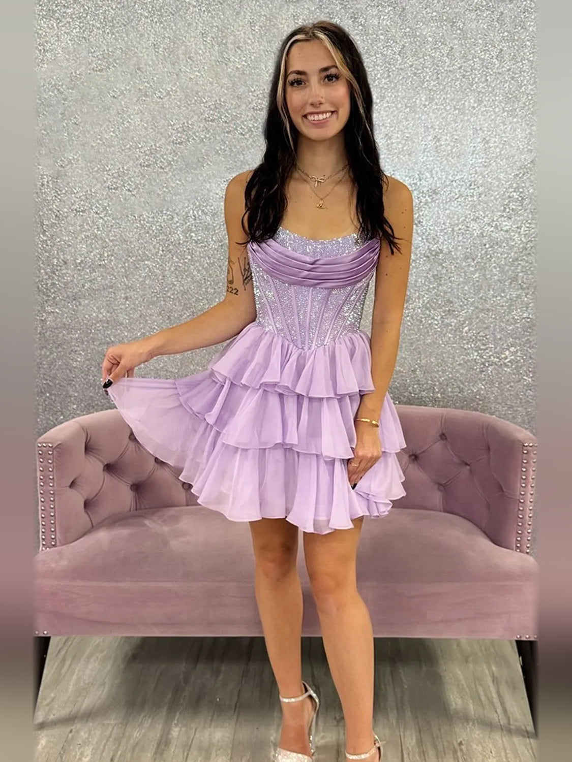Lavender strapless chiffon homecoming dress with ruched bodice and layered ruffle hem
