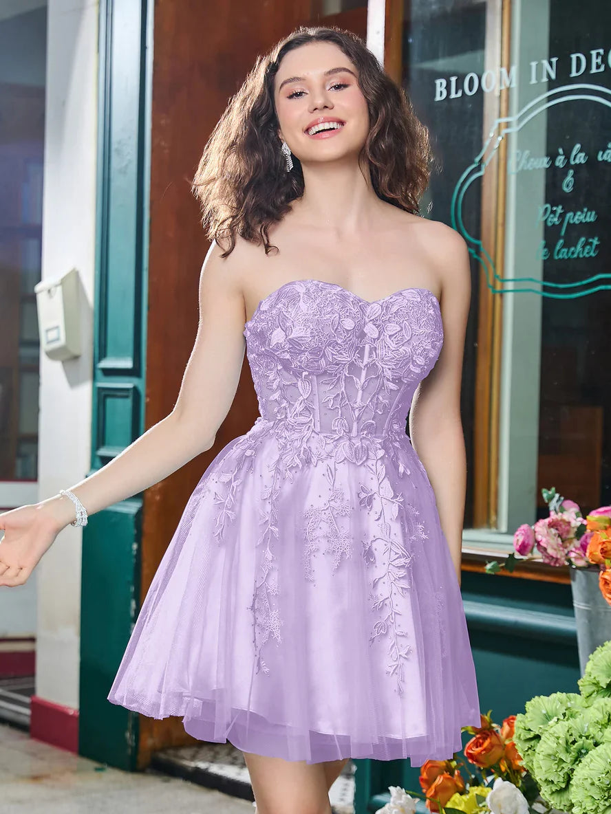 Lilac strapless A-line mini tulle homecoming dress with corset bodice and floral appliques