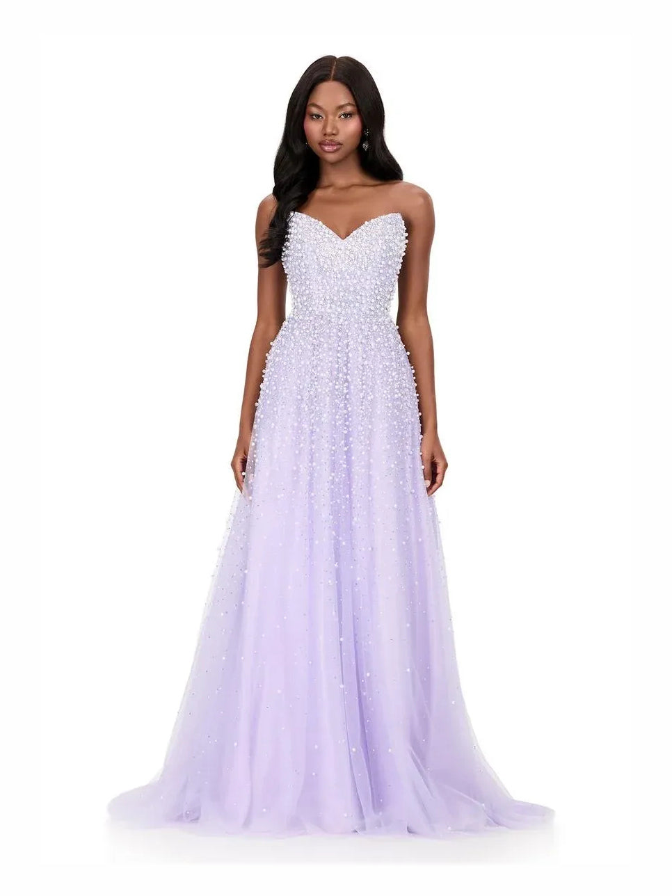 Lilac beaded sweetheart A-line prom dress with corset bodice, floor-length tulle