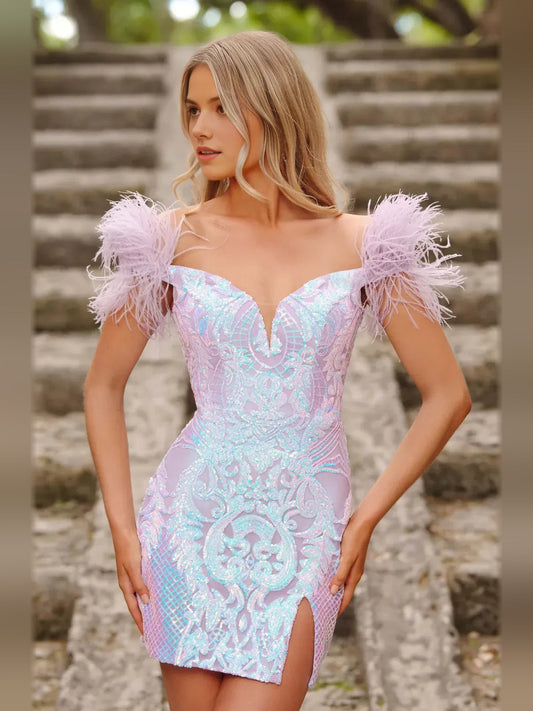 Lilac off-shoulder sequin mini dress with feathered puff sleeves and side slit