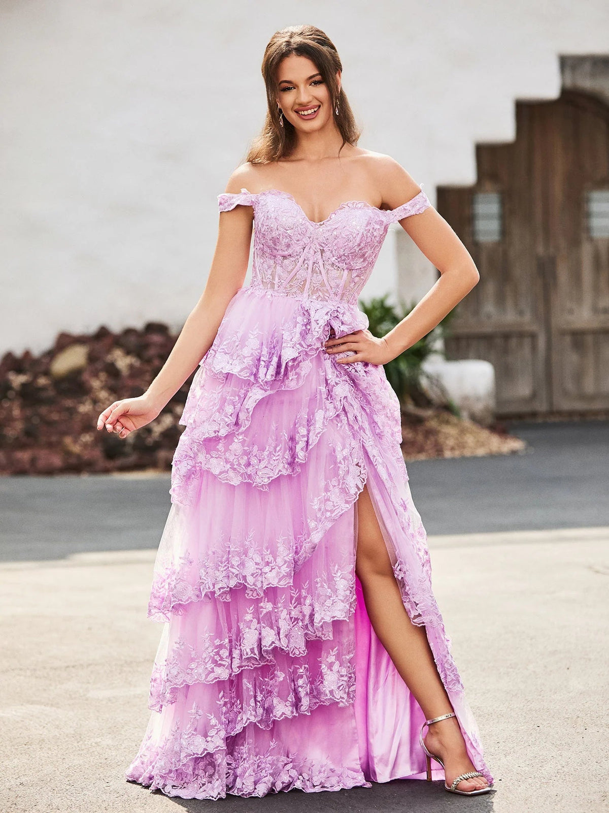 Lilac off-shoulder sweetheart corset prom dress with tiered ruffles and front slit