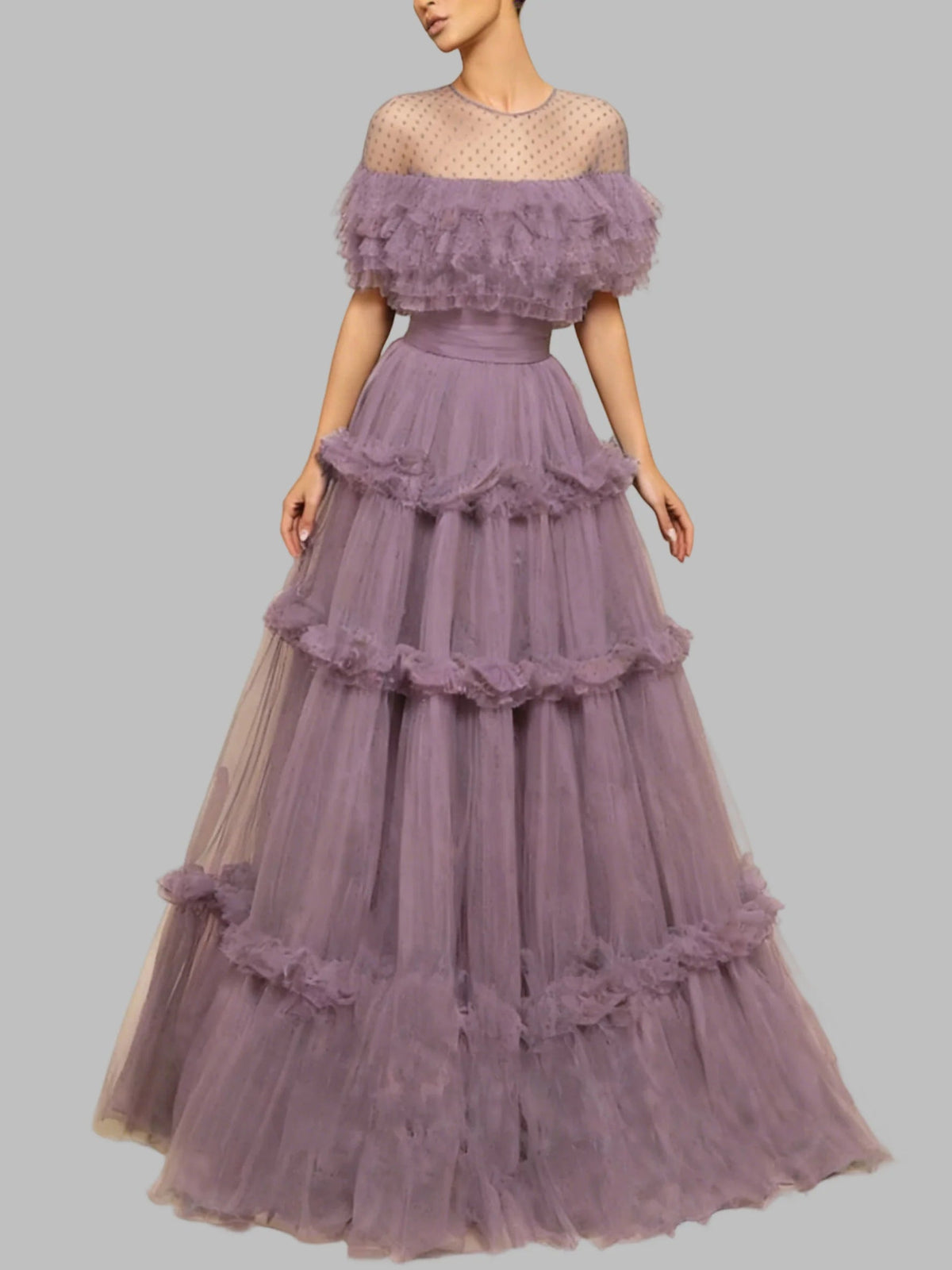 Lilac tulle prom dress with jewel neckline, off-shoulder ruffles, A-line tiered skirt