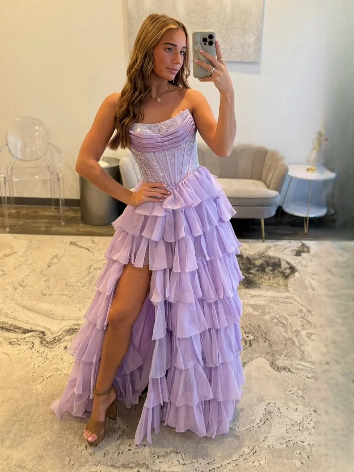 Lilac strapless mermaid prom dress with tiered ruffle skirt and side slit