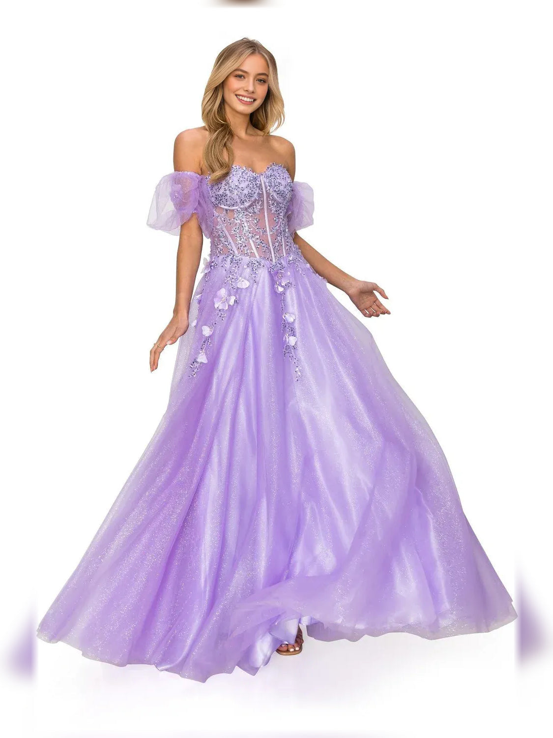 Lilac floral off-the-shoulder formal dress with puff sleeves and flowing tulle skirt