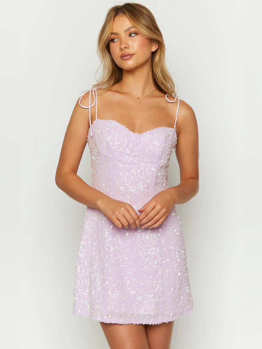 Lilac sequin sweetheart mini dress with thin spaghetti straps and fitted bodycon silhouette
