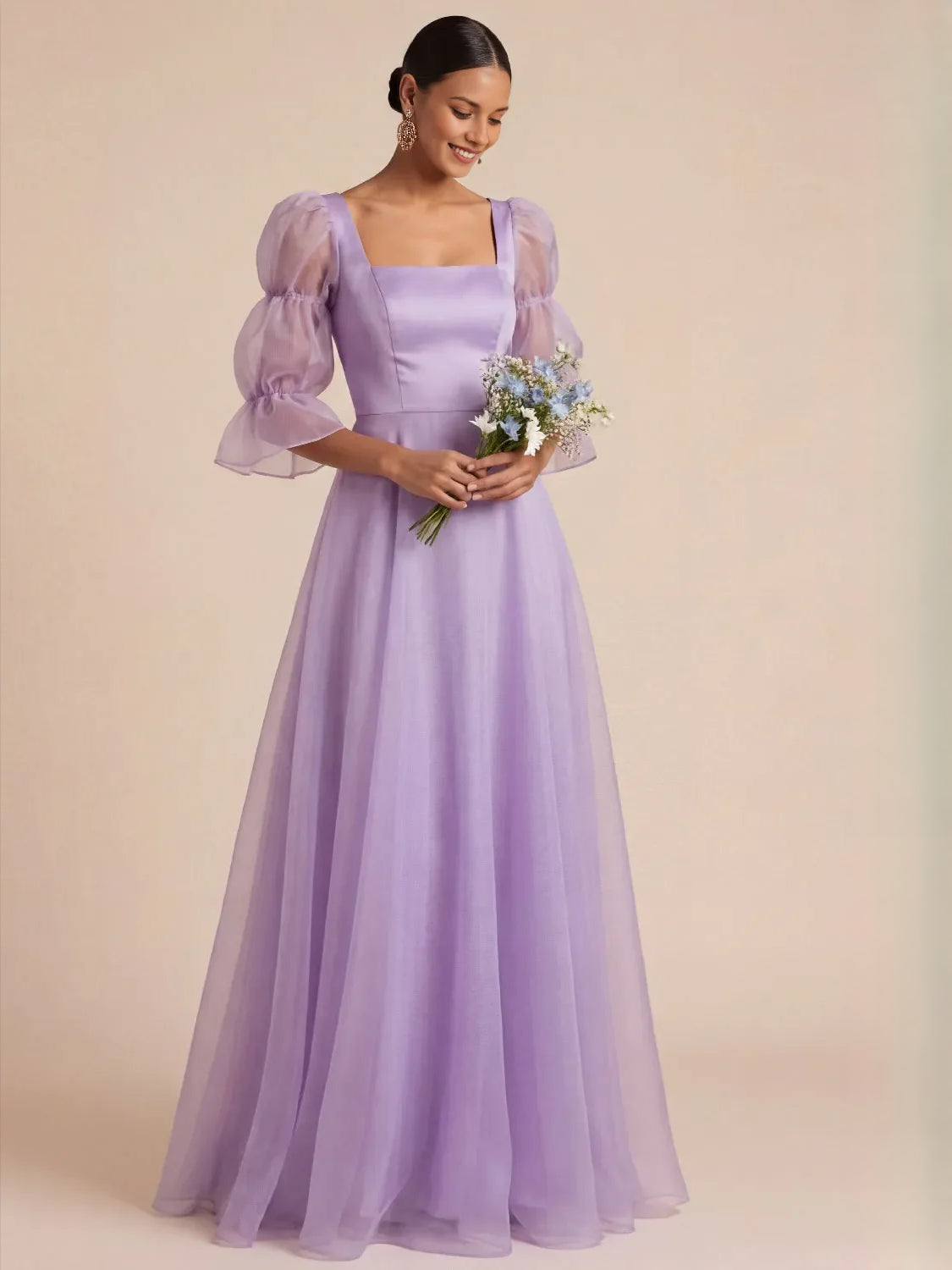 Lilac satin A-line maxi dress, square neck, tiered ruffles, puff sleeves