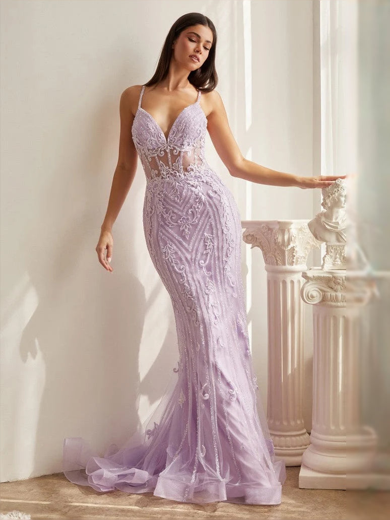 Lilac sequin corset V-neck mermaid prom dress with tulle floor length skirt