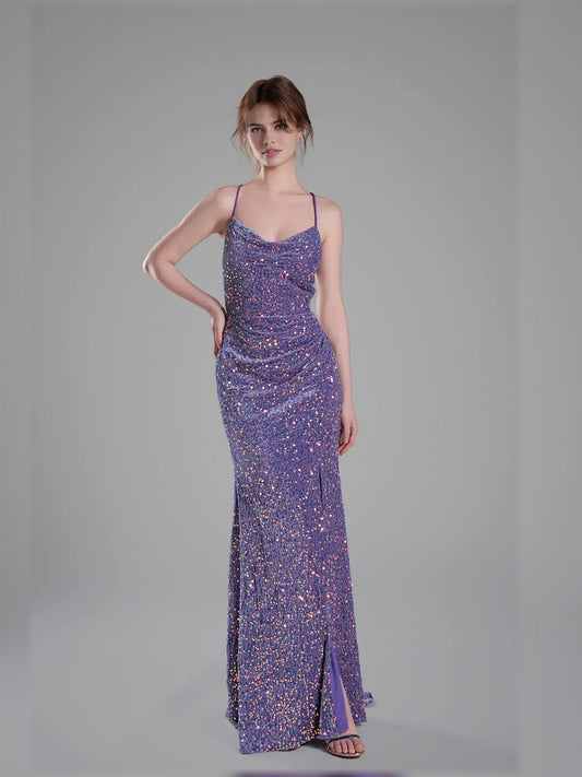 Lilac sequin floor-length formal dress with spaghetti straps and side slit