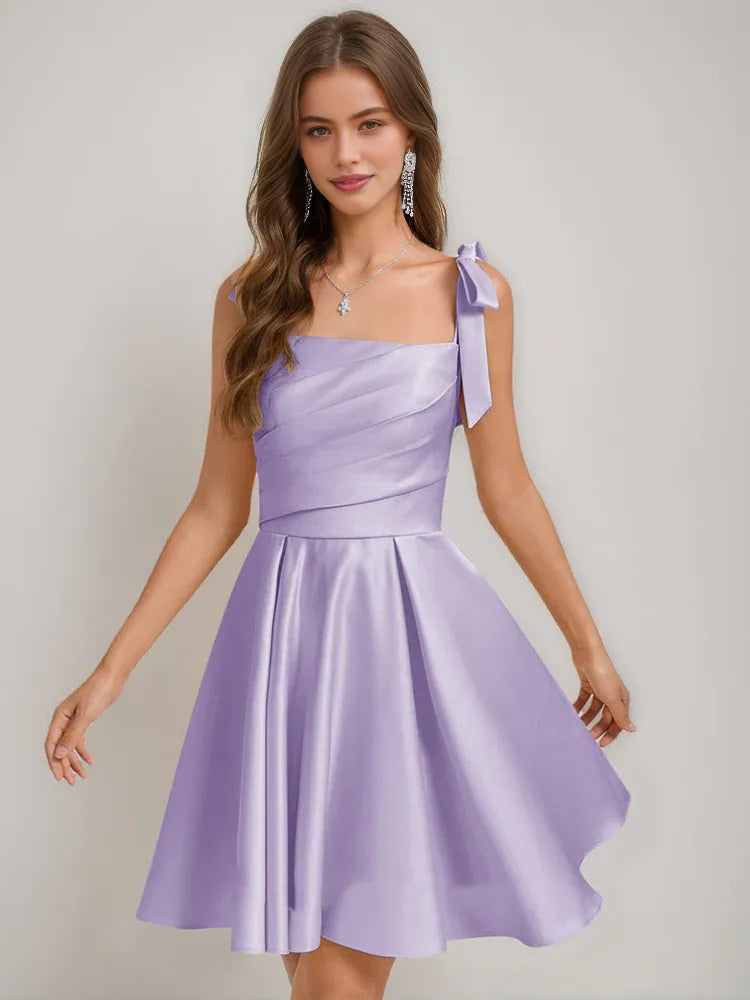 Lilac satin corset square-neck A-line short dress with side bow strap