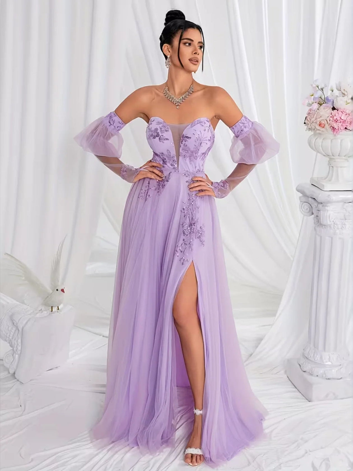 Lilac embroidered floral maxi prom dress with flowing A-line skirt and front slit