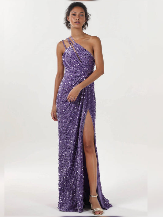 Lilac one-shoulder sequin slit sheath formal dress, side front view