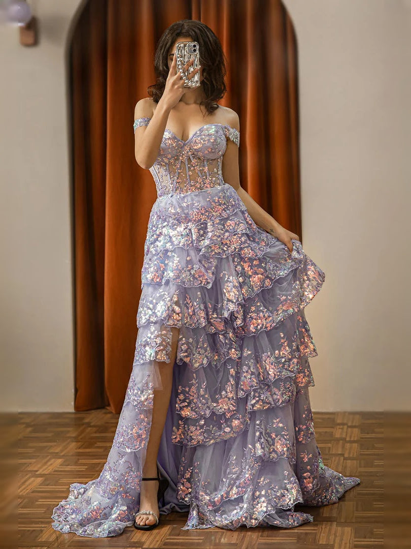 Lilac floral off-shoulder corset prom dress with tiered ruffles and side slit, floor length