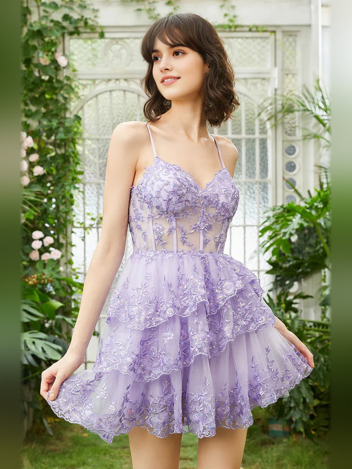 Lilac floral print tulle mini dress with sweetheart corset bodice and tiered skirt