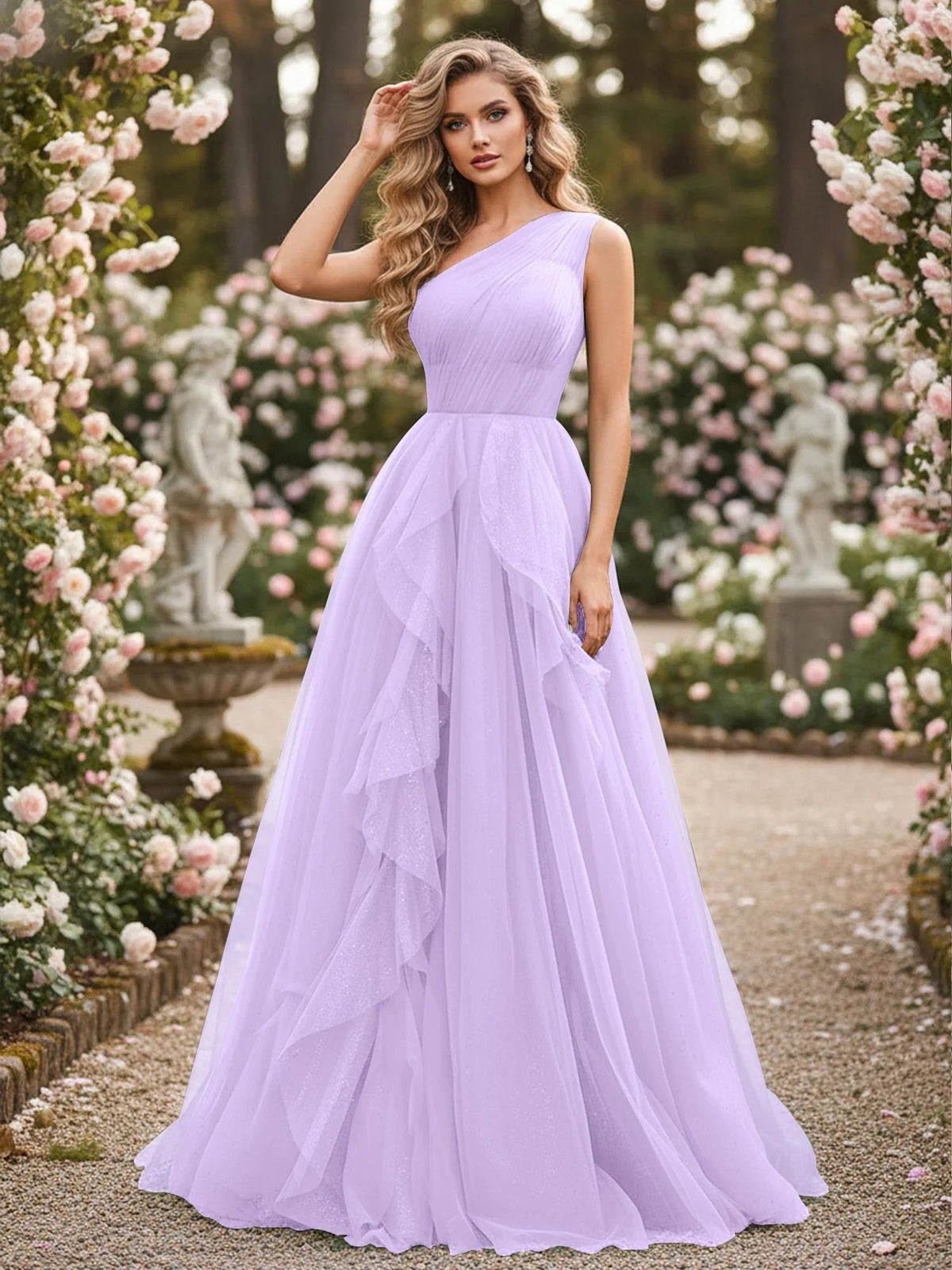 Lilac one-shoulder corset pleated floor-length formal dress with airy tulle skirt
