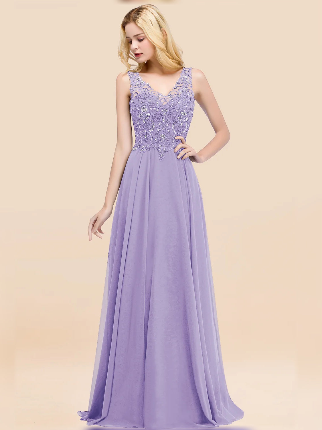 Lilac V-neck A-line chiffon bridesmaid dress with lace bodice, sleeveless