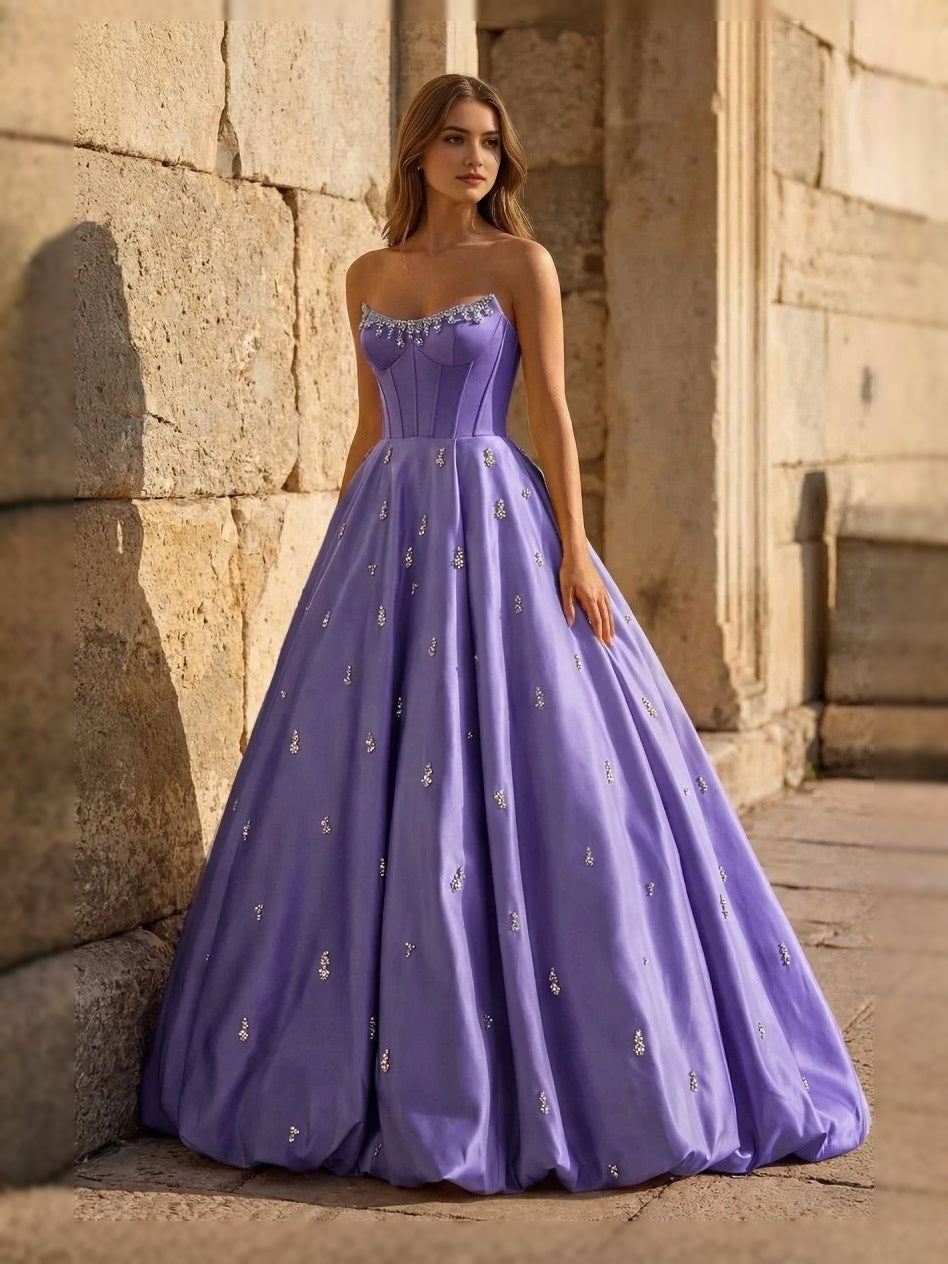 Lilac sweetheart corset ball gown with tulle skirt and allover gold sparkle dots