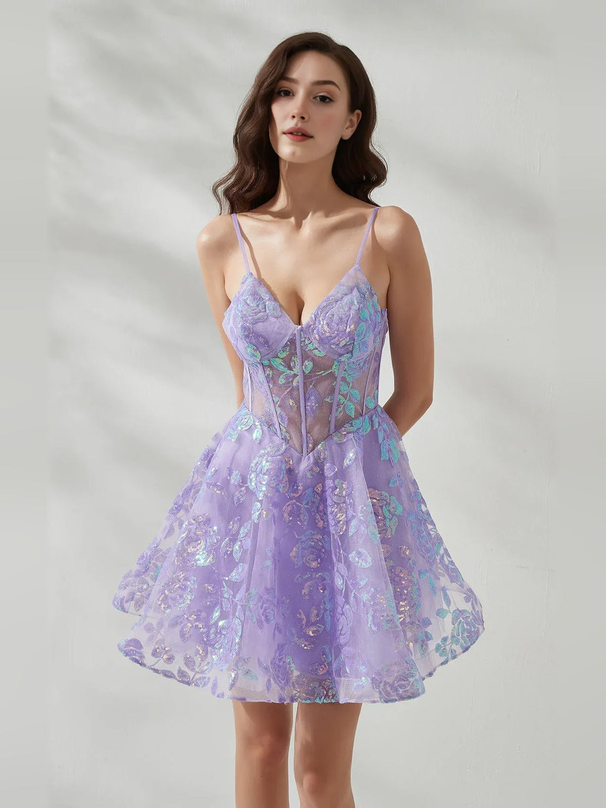 Lilac floral embroidered corset V-neck A-line mini tulle dress, front view