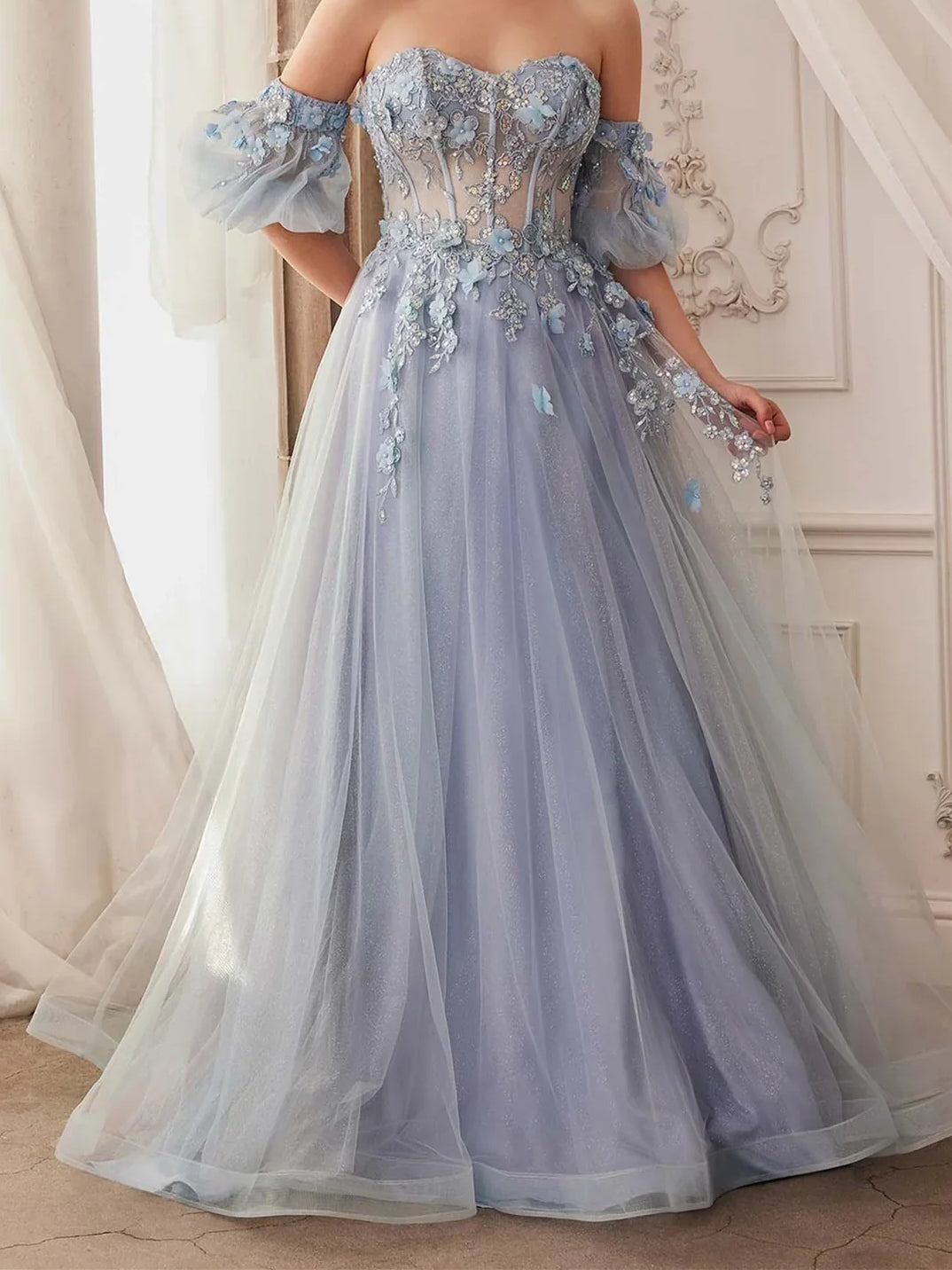 Floral sweetheart A-line maxi tulle prom dress in dusty blue with floral appliques