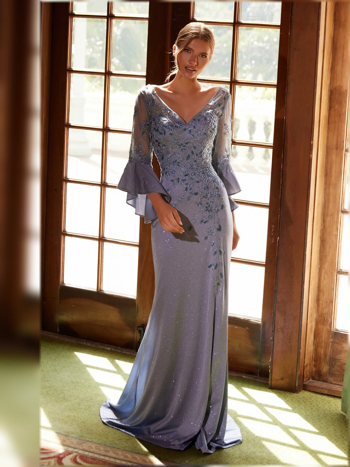 Dusty blue sequin V-neck sheath maxi dress with flared bell sleeves and slit