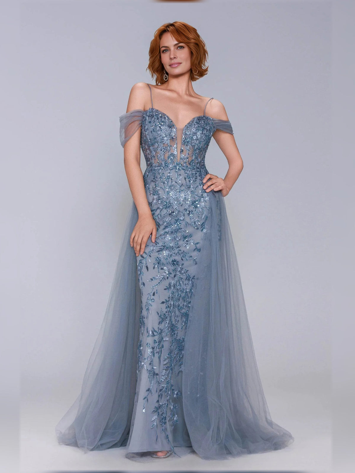 Dusty blue off-shoulder corset gown with lace-up back and floor-length sequin lace