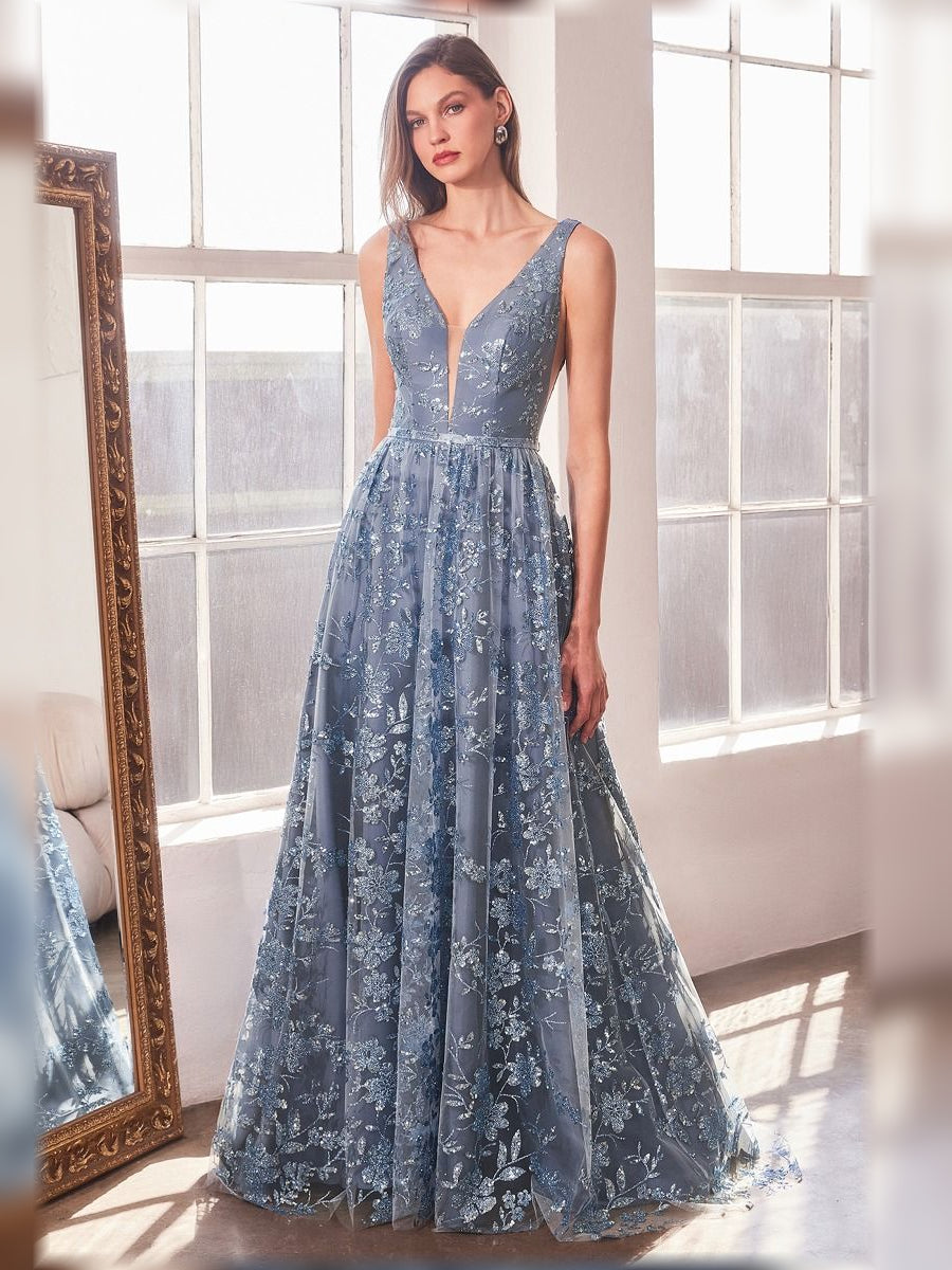 Dusty blue floral print V-neck A-line formal dress with sleeveless bodice, floor-length