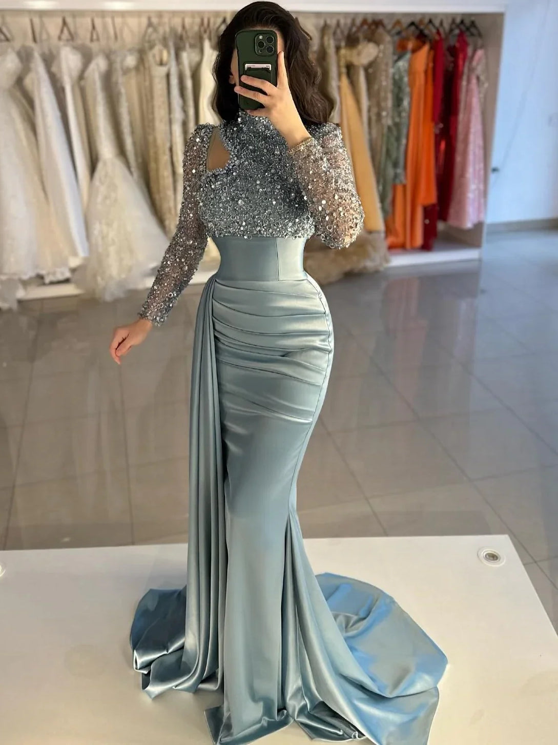 Dusty blue mermaid formal dress, glitter bodice, long sleeves, front slit