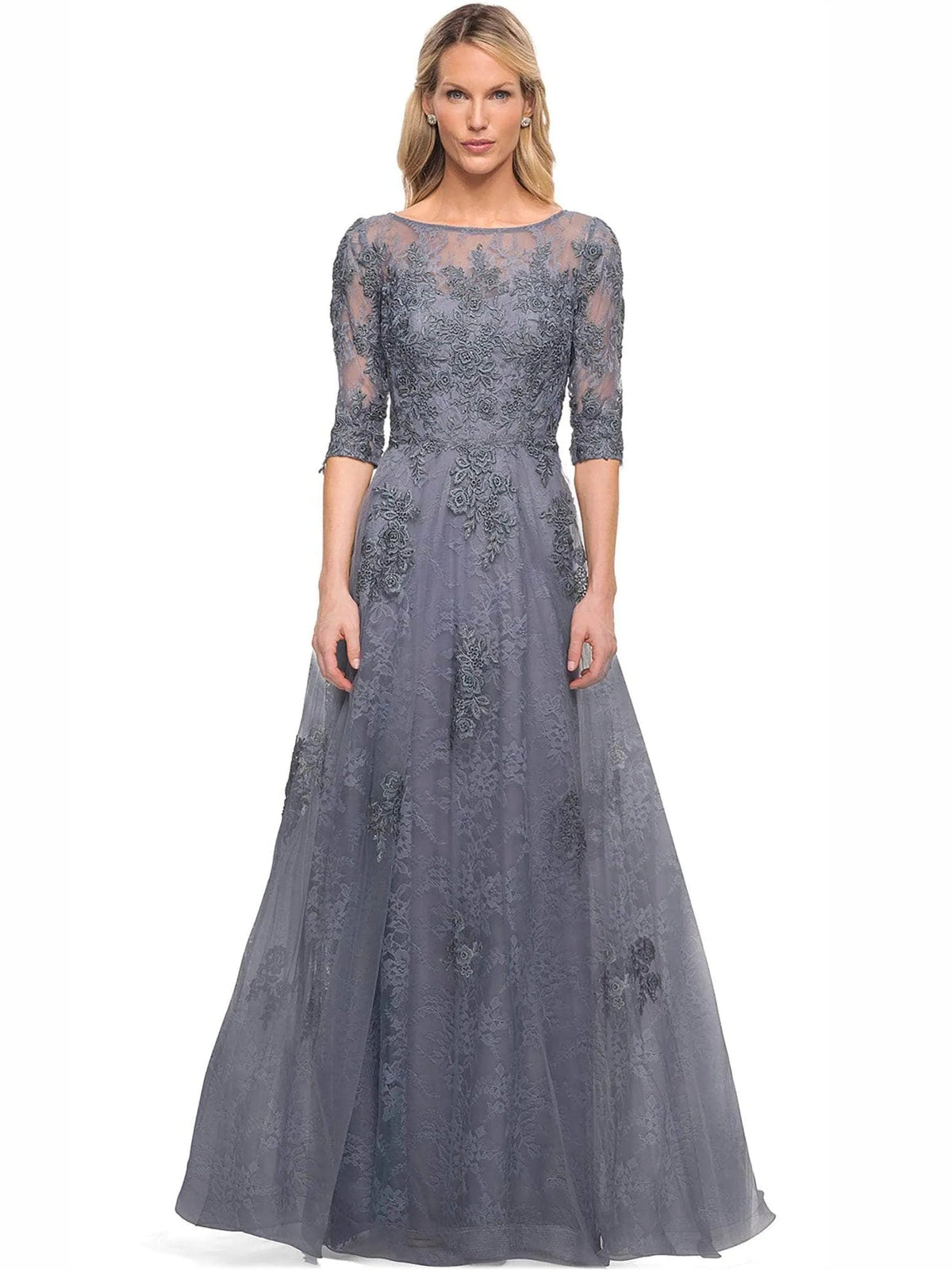 Slate blue embroidered tulle A-line dress with bateau neck and 3/4 sleeves
