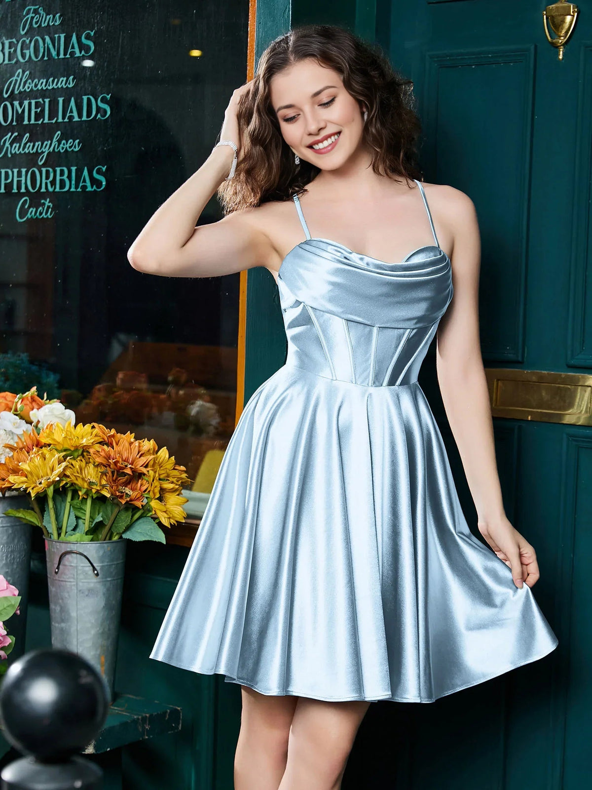 Light blue satin A-line mini dress with corset bodice, cowl neckline, thin spaghetti straps