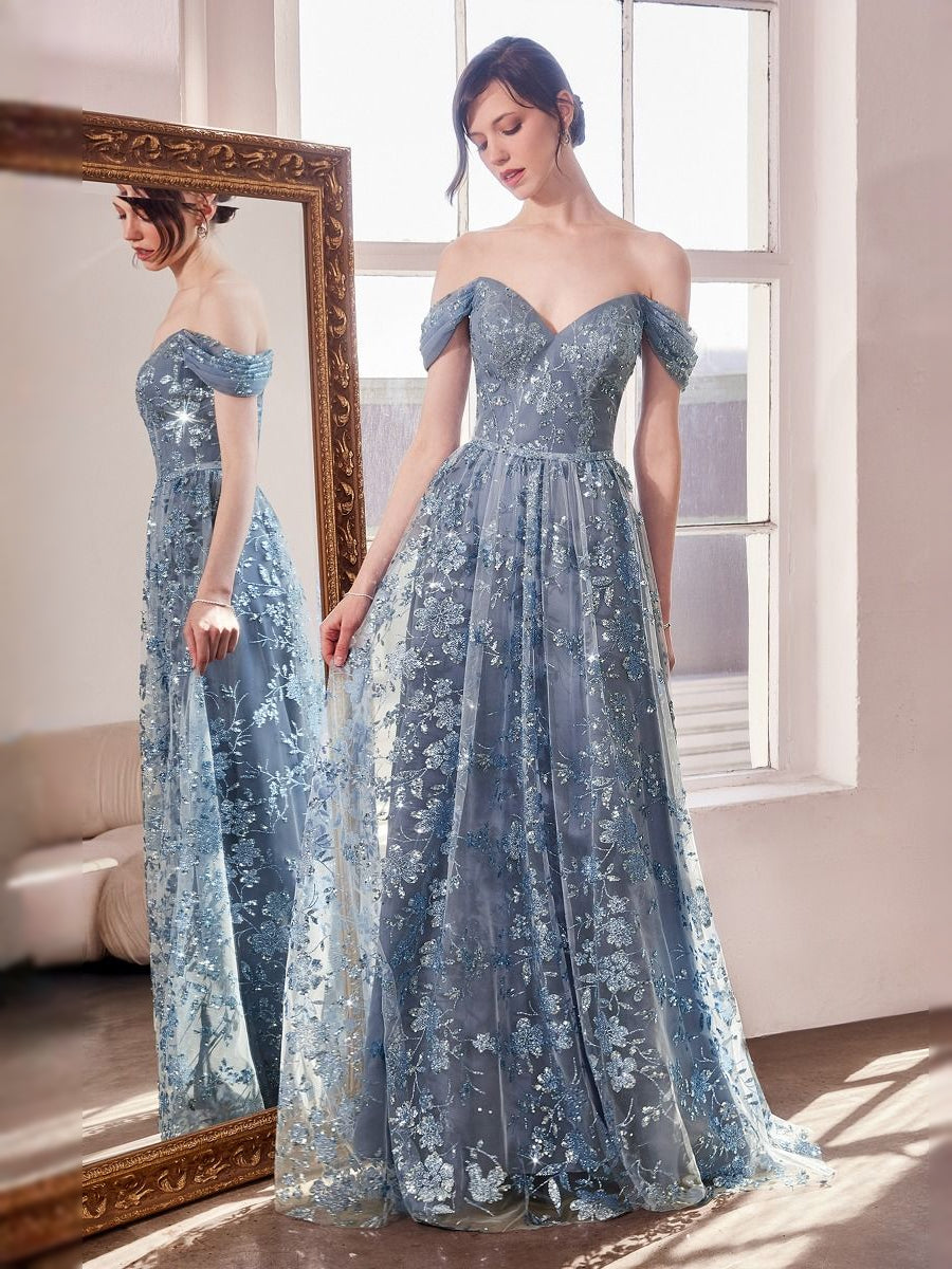 Slate blue sequin off-shoulder ball gown with floral pattern, floor length