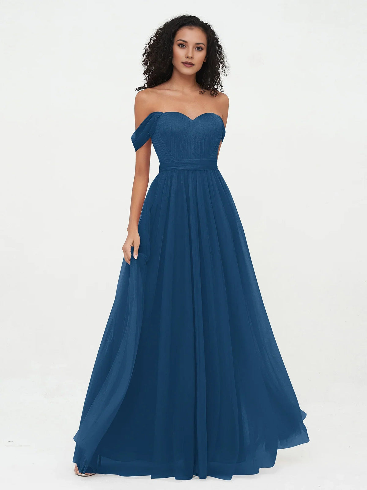 Navy blue tulle A-line dress with sweetheart neckline and pleated skirt