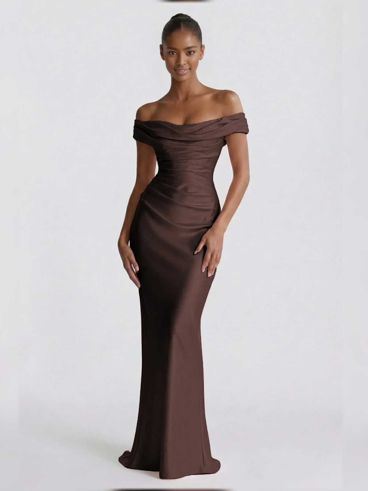 Espresso off-shoulder corset formal dress with short sleeves, floor-length