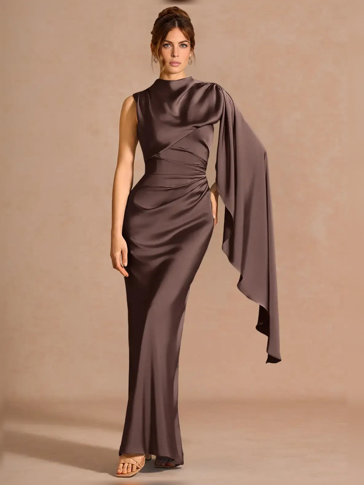 One-shoulder ruched satin formal dress with draped overlay, floor-length