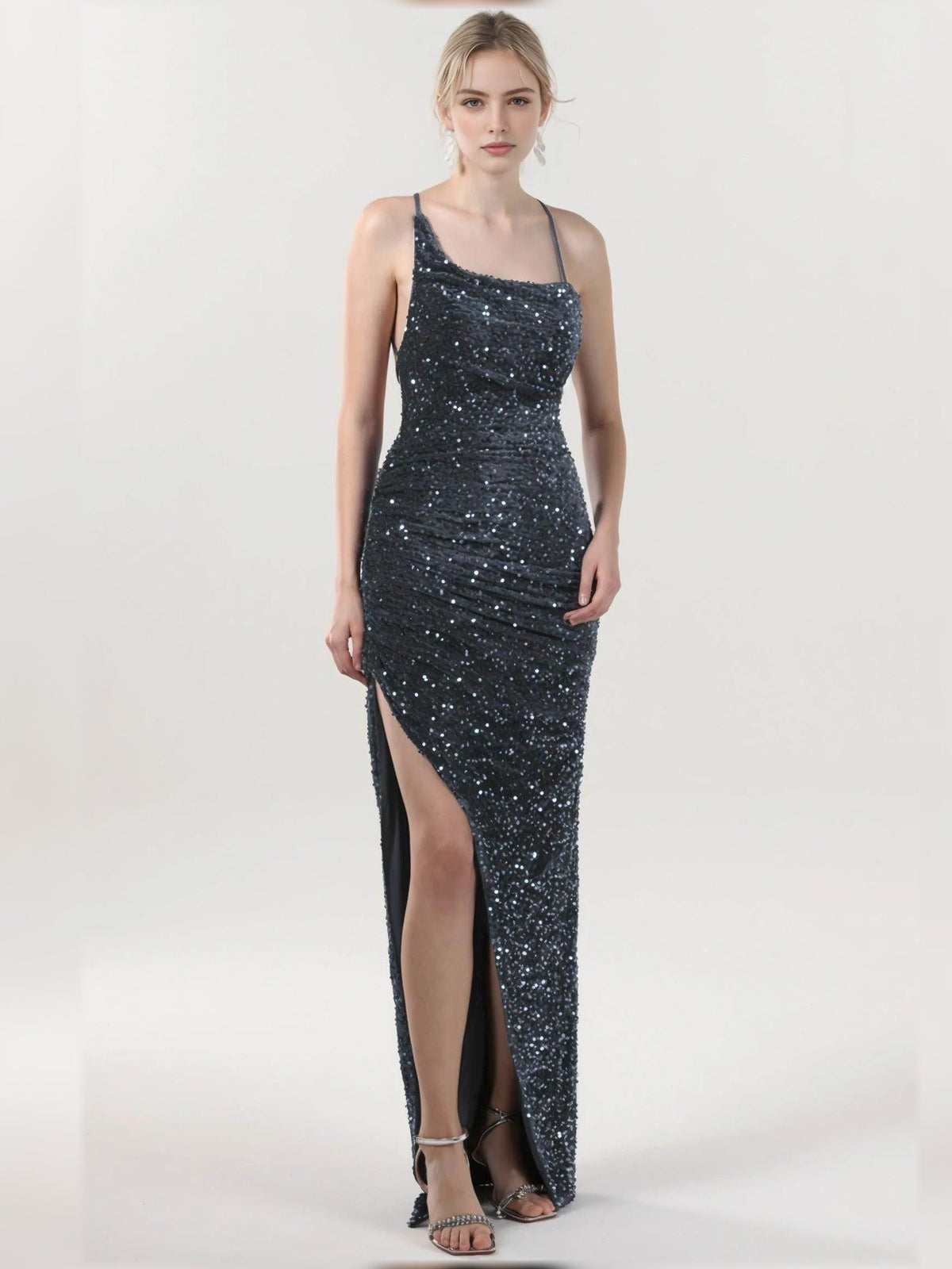 Steel grey cowl neck sequin formal dress with ruching and thigh-high slit