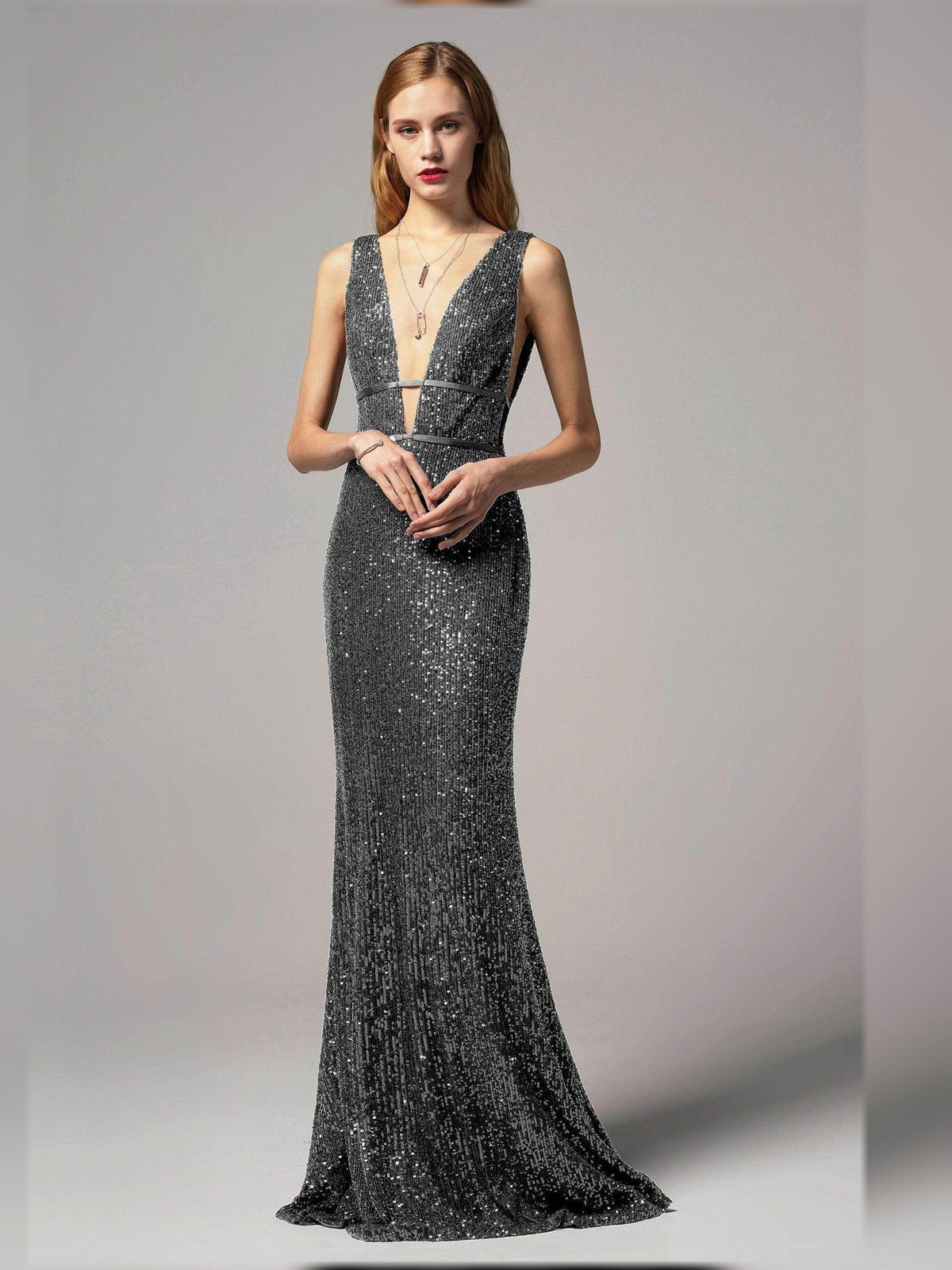 Steel grey beaded sheath formal dress with open back, V-neck, floor-length