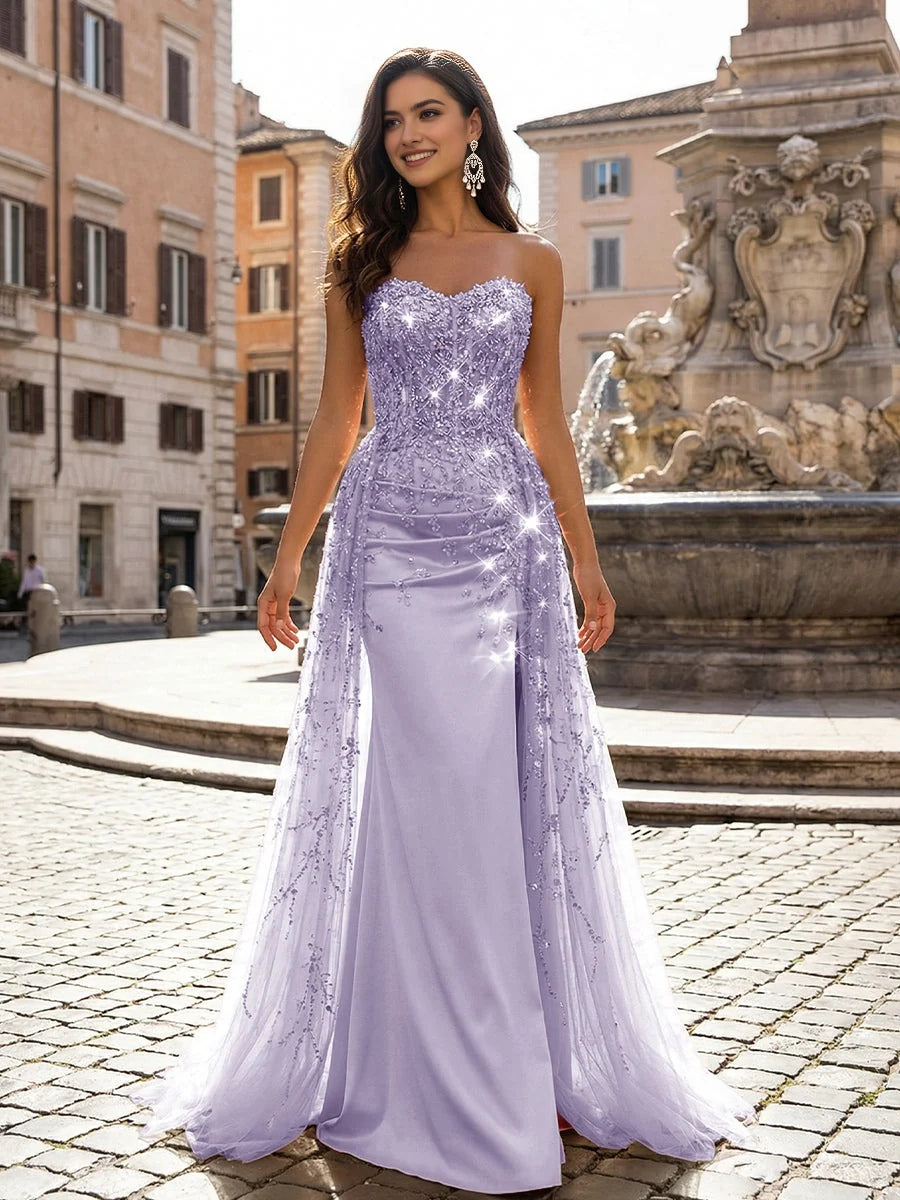 Light purple sweetheart sequin mermaid maxi satin prom dress, sleeveless, beaded