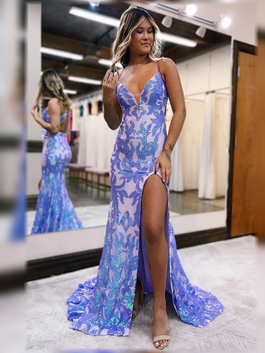 Purple V-neck spaghetti-strap evening dress with lace-like print and side slit