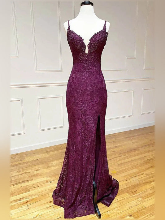 Burgundy floral lace floor-length formal dress with V-neck front slit